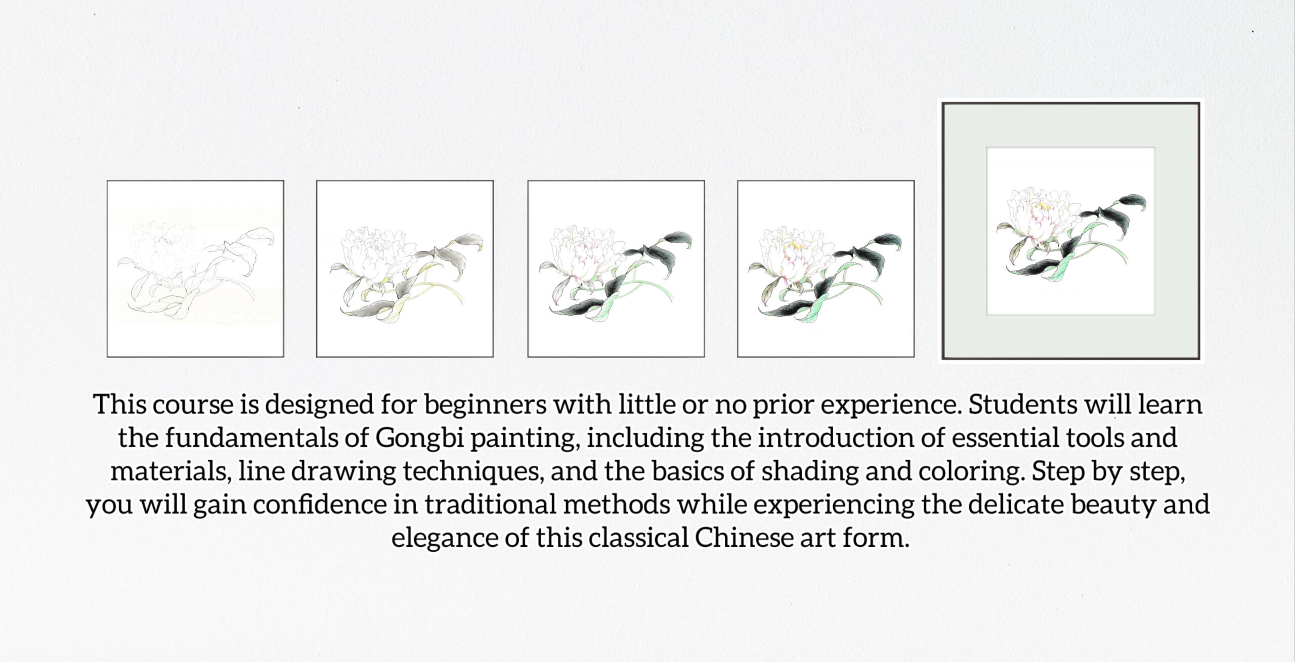 Gongbi Beginner&#39;s Course: private in-person lessons on line drawing, shading, and colouring. Experience the elegance of traditional Chinese painting. If you&#39;d like to know more, please reach out via the &quot;Contact&quot; button below.