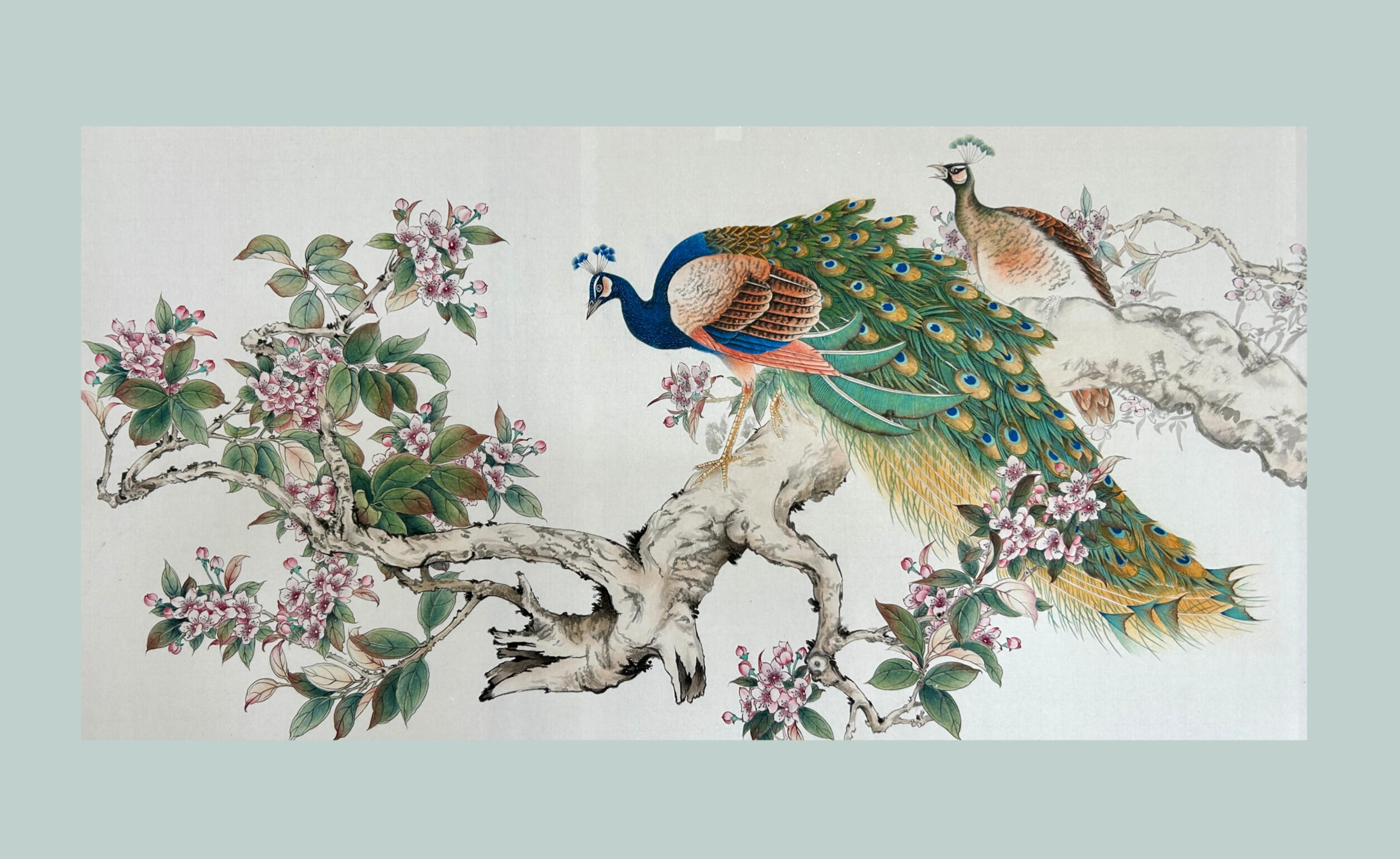 Paired Amid Blossoms / 《花影双栖》( Chinese Watercolour Pigments on Mica Xuanpaper, 88 cm x 48 cm )
