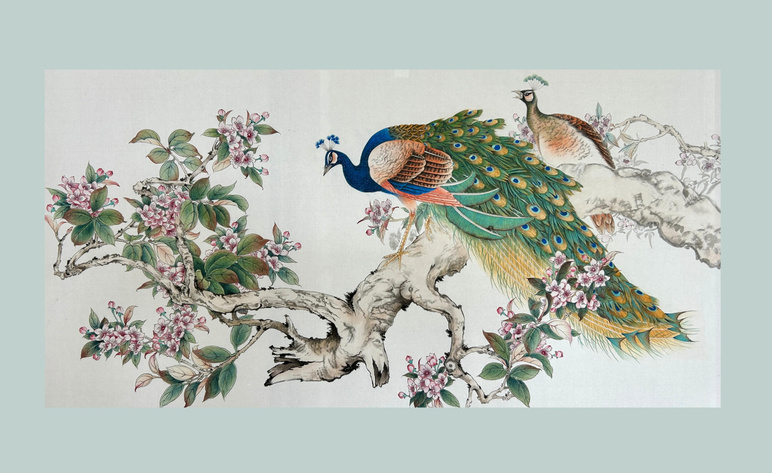 Paired Amid Blossoms / 《花影双栖》( Chinese Watercolour Pigments on Mica Xuanpaper, 88 cm x 48 cm )